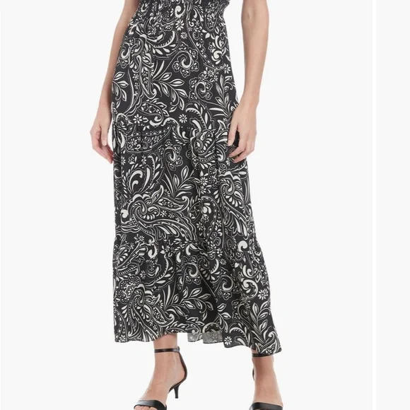 NWT Dress HAWAIIAN PAISLEY Crepe Split Ruffle Neck Maxi Dress Black Sleeveless - Picture 3 of 15